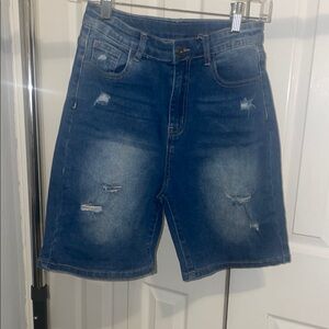 High-Waisted Blue Distressed Denim Shorts